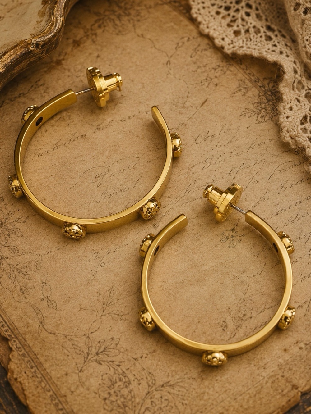TORY BURCH • Gold Milgrain Logo Hoop Earrings - Picture 7 of 7